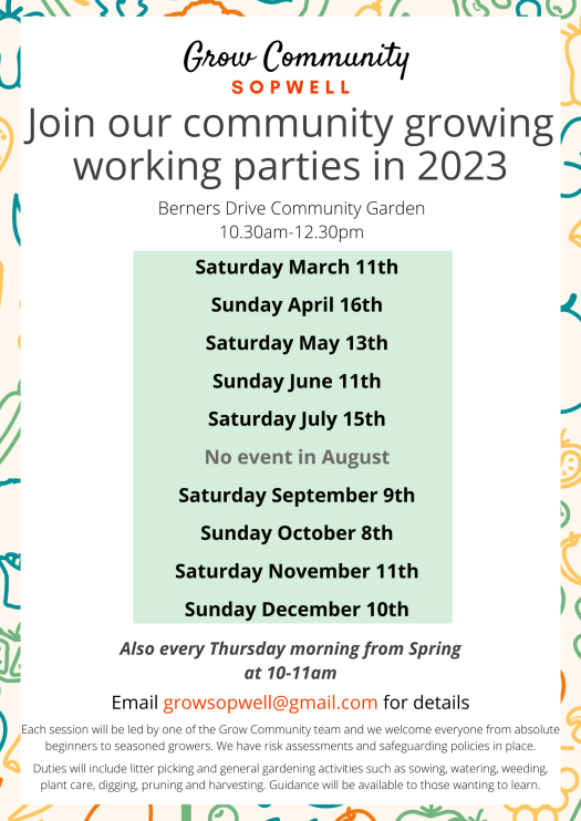 Dates and times for the Berners Drive community garden working parties.
